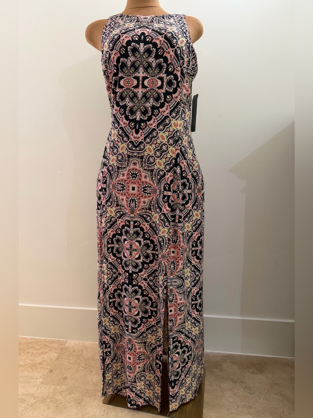 NWT London Times Printed Maxi Dress in Black and Pink - Sleeveless Summer Dress
